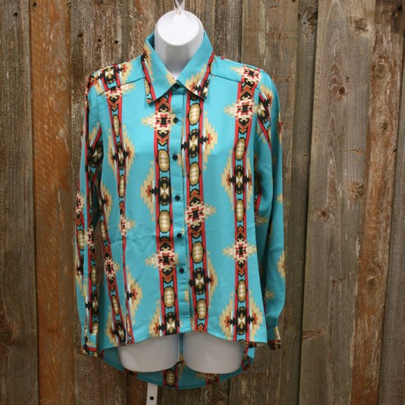 **Last One** Turquoise Aztec Print Blouse Chiffon Open Back NWT - Picture 3 of 7